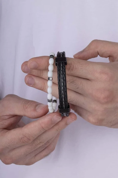 Gümüş Pazarım Beyaz Jade Taşı Dikişli Deri Erkek Bileklik Kombini - Resim 3