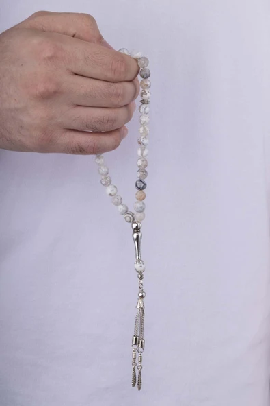 Gümüş Pazarım Damarlı Beyaz Akik Taşlı Doğal Taş Tesbih - Resim 3