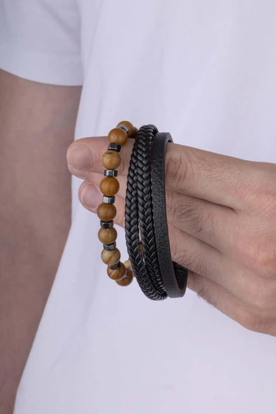 Gümüş Pazarım Örgü Model Deri Jasper Doğal Taş Bileklik Kombini - 3