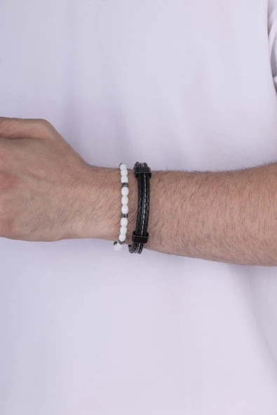 Gümüş Pazarım Beyaz Jade Taşı Dikişli Deri Erkek Bileklik Kombini - Resim 2