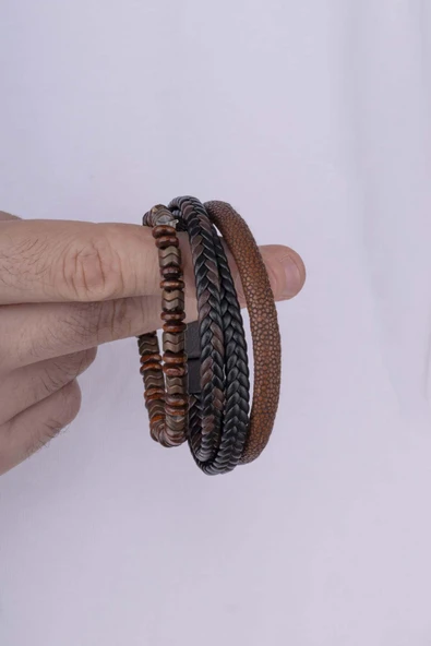 Gümüş Pazarım Kahve Siyah Detaylı  Erkek Doğal Taş Deri Bileklik Kombini - 3