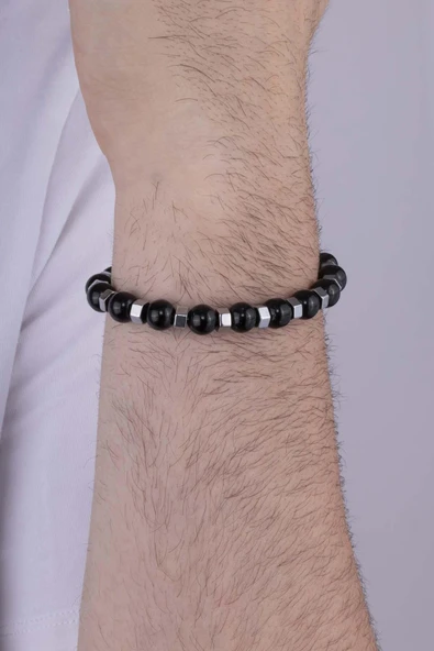 Gümüş Pazarım Hematit Geçişli Oniks Taşlı Doğal Taş Erkek Bileklik - 2