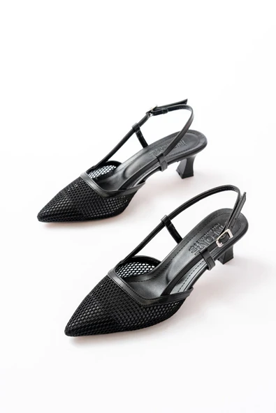K-607 Siyah Günlük Fileli Arkası Açık 7 cm Topuklu Bayan Ayakkabı - Resim 3