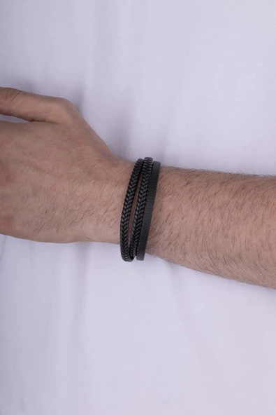 Gümüş Pazarım Örgü Model 3 Parçalı Siyah Erkek Deri Bileklik ürün görseli 1