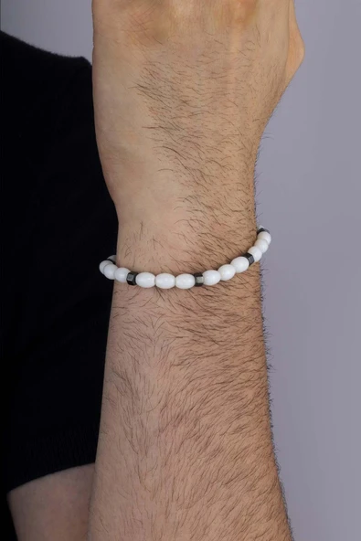 Gümüş Pazarım Kapsül Kesim Beyaz Ceyt Taşı Erkek Doğal Taş Bileklik - Resim 3