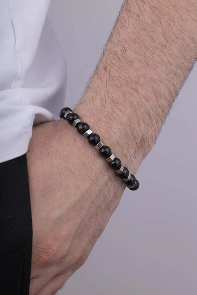 Gümüş Pazarım Hematit Geçişli Oniks Taşlı Doğal Taş Erkek Bileklik - 3