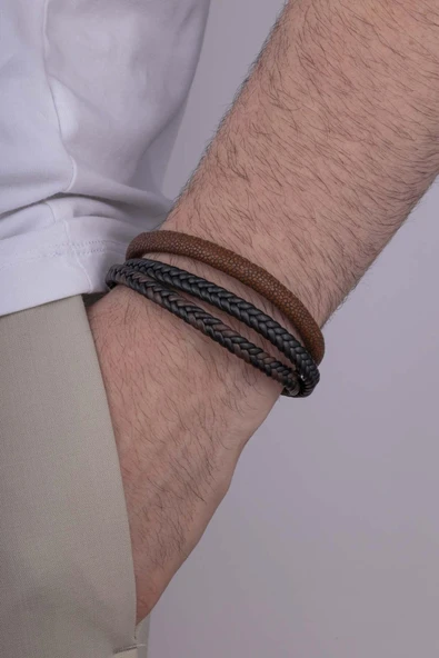 Gümüş Pazarım Kahve Geçişli 3 Parçalı Erkek Deri Bileklik