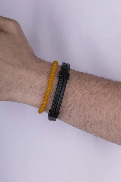 Gümüş Pazarım Çift Sıra Deri Yuvarlak Kesim Jasper Taşı Erkek Kombin Bileklik ürün görseli 1