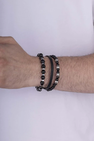 Gümüş Pazarım Oniks Hematit Taşlı Örgü Deri Erkek Deri Bileklik Kombini - Resim 2