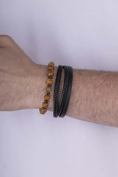 Gümüş Pazarım Örgü Model Deri Jasper Doğal Taş Bileklik Kombini - 2