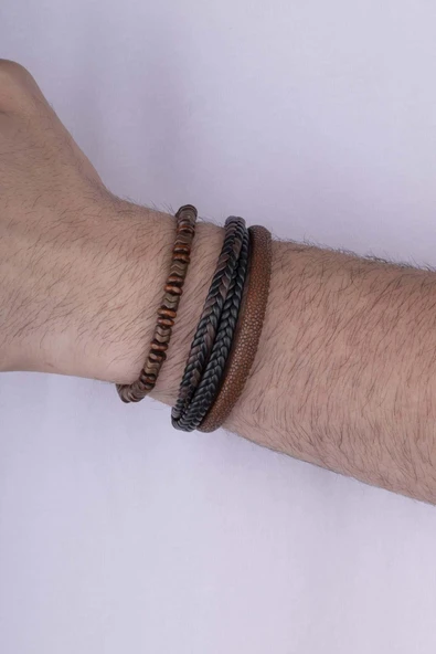 Gümüş Pazarım Kahve Siyah Detaylı  Erkek Doğal Taş Deri Bileklik Kombini - 2