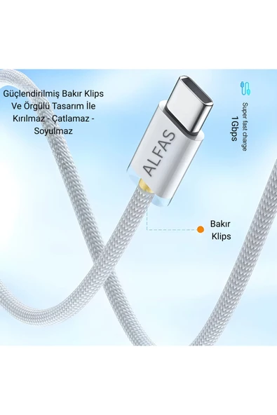Type-C Şarj Kablosu 1m PD 60W 3A 1Gbps Hızlı Şarj & Data Transfer Usb-c Iphone Android Örgülü Kablo - Resim 4