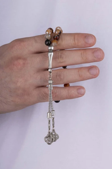 Gümüş Pazarım Yuvarlak Kesim Tibet Akik Dağal Taş Tesbih - Resim 2