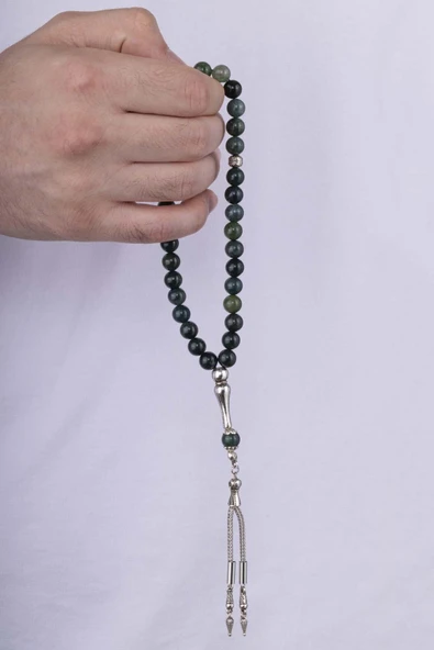 Gümüş Pazarım Yeşil Geçişli Akik Taşı Doğal Taş Tesbih - Resim 2