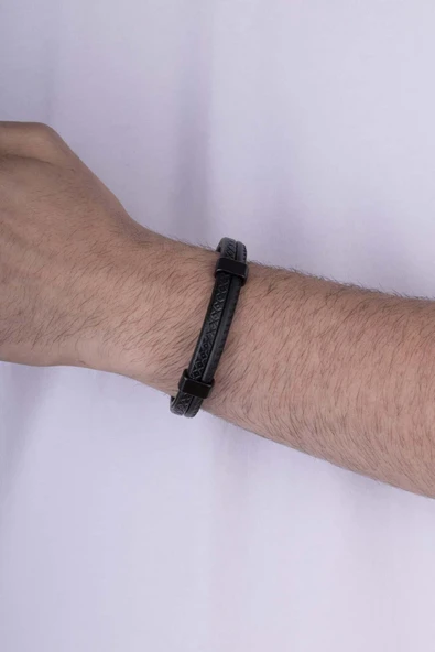 Gümüş Pazarım İşlemeli Model Çift Sıra Siyah Renk Erkek Deri Bileklik - Resim 3