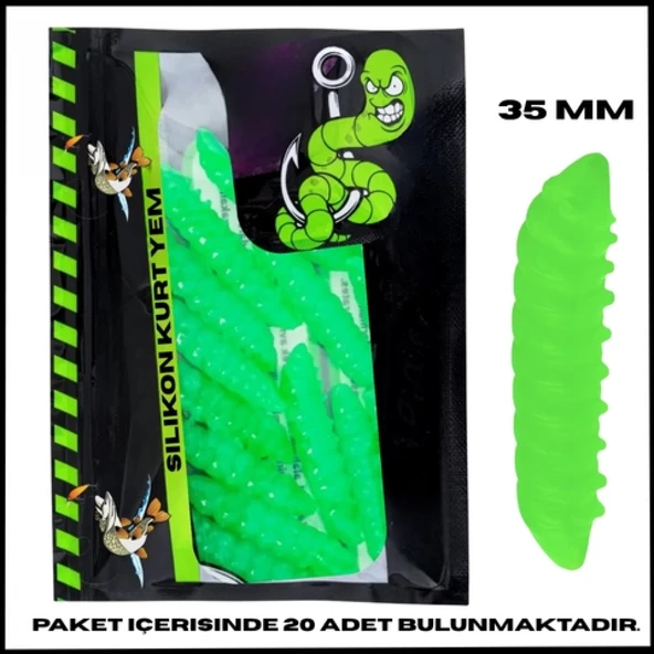 Uyguna-Yakala 35mm- 20 Adet Yeşil Peynir Kokulu Silikon Kurt Yem - UV - Alabalık Yemi-1071-GR-C
