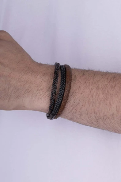 Gümüş Pazarım Kahve Geçişli 3 Parçalı Erkek Deri Bileklik - 2