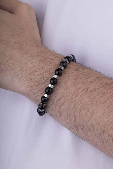 Gümüş Pazarım Hematit Geçişli Oniks Taşlı Doğal Taş Erkek Bileklik