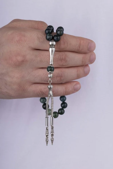 Gümüş Pazarım Yeşil Geçişli Akik Taşı Doğal Taş Tesbih - Resim 3