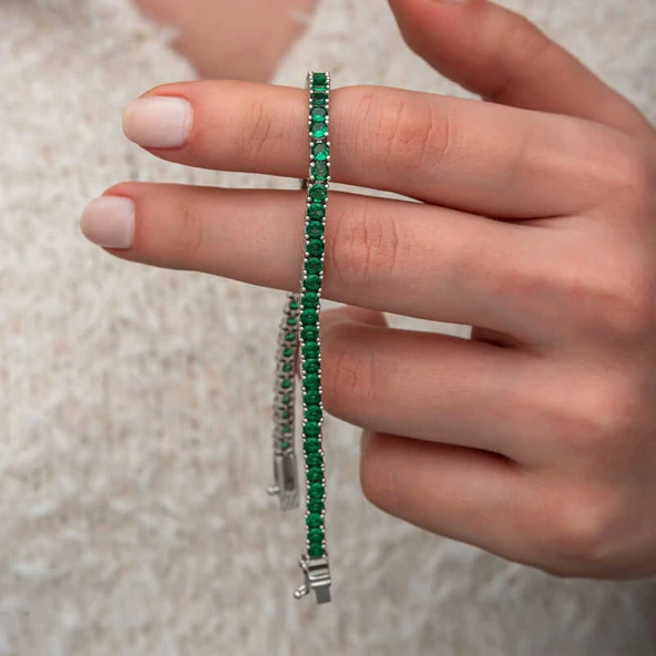 Gümüş Yeşil Zirkon Taşlı Su Yolu Kadın Bileklik - Resim 5