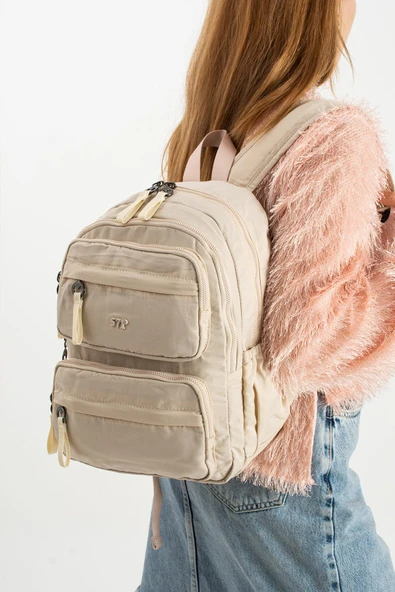 Yumuşak Dokulu Ultra Hafif, Esnek ve Su Geçirmez Polyamid Kumaş Sırt Çantası Bej Model: (571-13-14A) ürün görseli 1