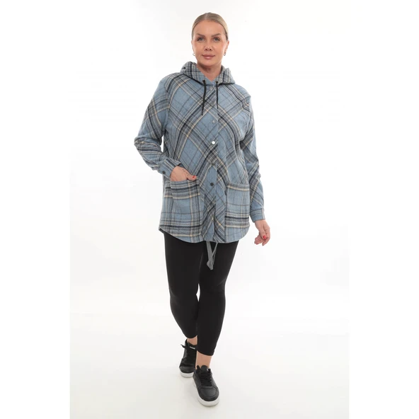 Büyük Beden Rahat Kalıp Kapüşonlu Oduncu Kadın Gömlek Hırka - 4