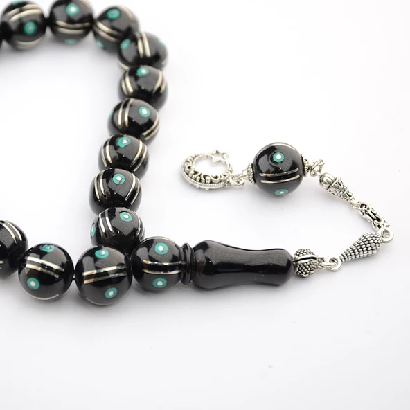 Maskot Yeşil Firuze Karpuz İşlemeli Oltu Sıkma Tespih - 5