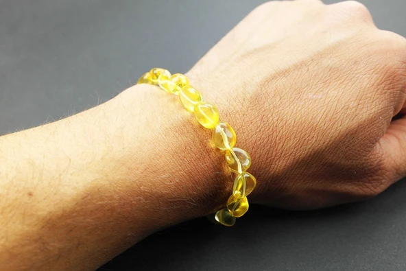 Şeffaf Limon  Doğal Kesim Damla Kehribar Yetişkin Bileklik - Resim 3