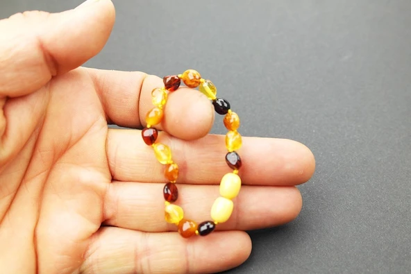 Gökkuşağı Renkli Doğal Kesim Damla Kehribar Bebek Bileklik - 4