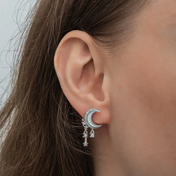 Gümüş Sallantılı Ay Yıldız Kadın Küpe - Resim 5