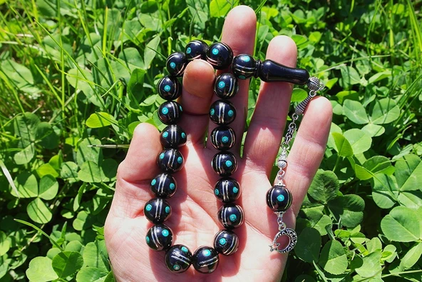 Maskot Yeşil Firuze Karpuz İşlemeli Oltu Sıkma Tespih - 4