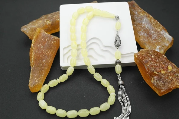 Sığırcık Kesim Gümüş Püskül Damla Kehribar Tespih - 2