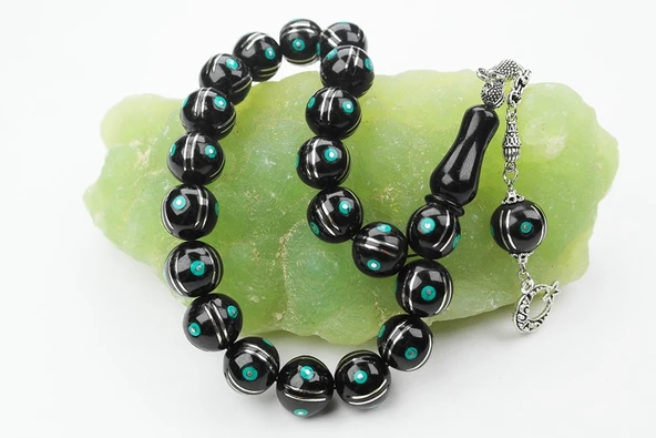 Maskot Yeşil Firuze Karpuz İşlemeli Oltu Sıkma Tespih - 2