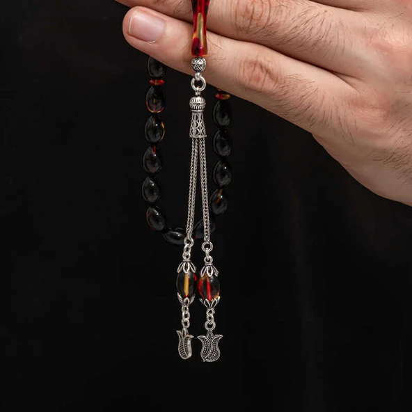 Gümüş Püskül Sıkma Kehribar Tesbih - Resim 3