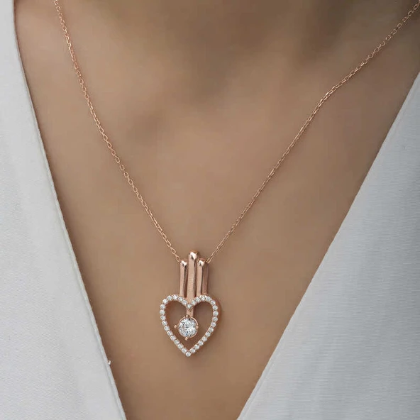 BlackCraft 925 Ayar Gümüş Kalpli Tek Taş Kadın Gümüş Kolye (BC-FF29FD) - Resim 5