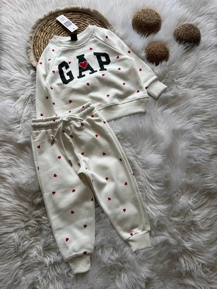 Kız Çocuk Eşofman Takımı – Kalp Baskılı, 3 İplik Kumaş, Pembe / Beyaz - 2