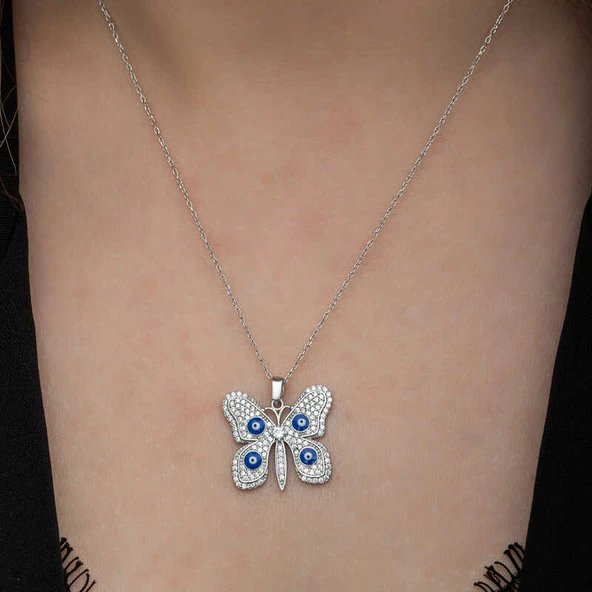 BlackCraft Gümüş Nazarlı Kelebek Kadın Kolye (BC-466935) - Resim 5