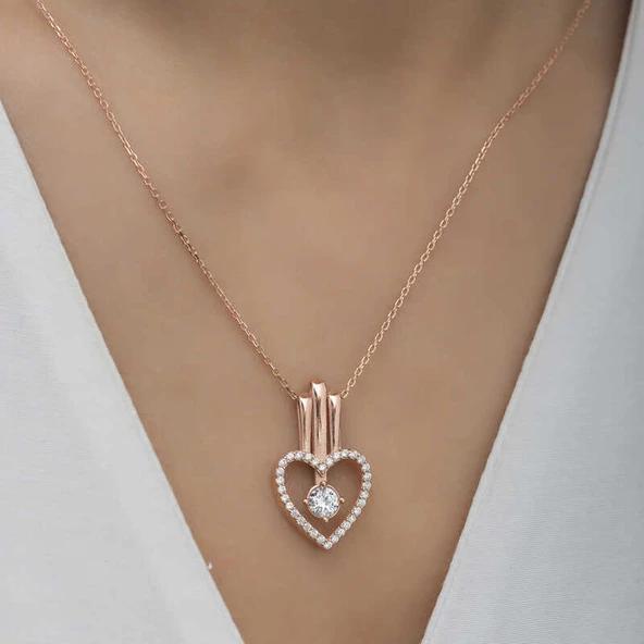 BlackCraft 925 Ayar Gümüş Kalpli Tek Taş Kadın Gümüş Kolye (BC-FF29FD) - Resim 4