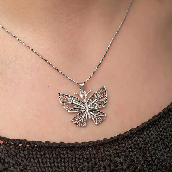 BlackCraft Gümüş Telkari Kelebek Kadın Kolye (BC-A5429B) - Resim 5
