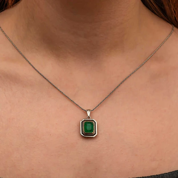 BlackCraft Gümüş Yeşil Taşlı Otantik Kadın Kolye (BC-C5CA42) - Resim 4