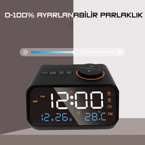 HyMark Dekoratif LED Dijital Saat FM Radyo 2 Alarm Sıcaklık ve Nem Göstergeli Şarjlı Pilli Saat - 4