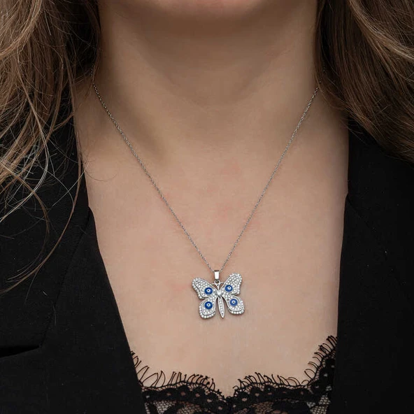 BlackCraft Gümüş Nazarlı Kelebek Kadın Kolye (BC-466935) - Resim 4