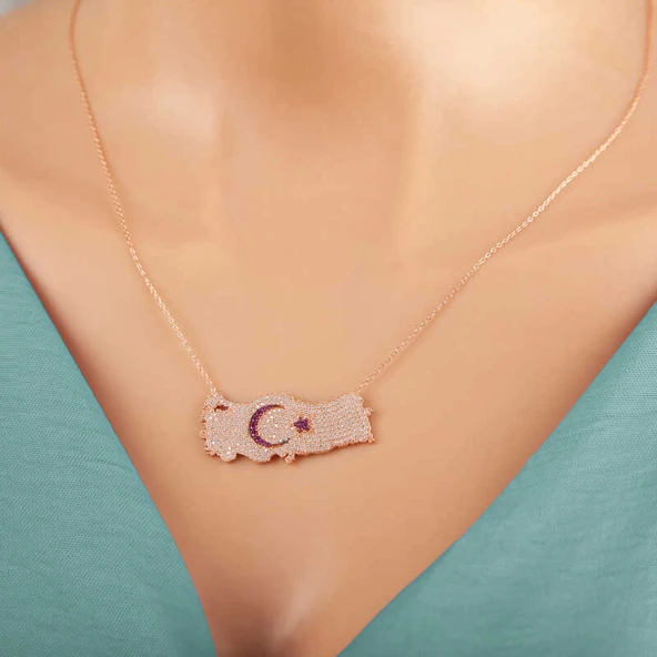 BlackCraft 925 Ayar Gümüş Rose Ay Yıldız Türkiye Haritası Kadın Kolye (BC-3342C5) - Resim 2