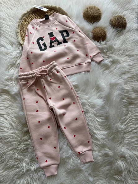 Kız Çocuk Eşofman Takımı – Kalp Baskılı, 3 İplik Kumaş, Pembe / Beyaz