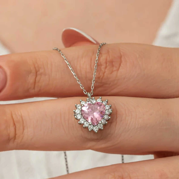 BlackCraft Gümüş Pembe Taşlı Kalp Kadın Kolye (BC-3DAFA7)