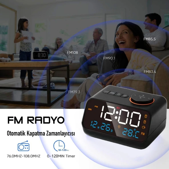 HyMark Dekoratif LED Dijital Saat FM Radyo 2 Alarm Sıcaklık ve Nem Göstergeli Şarjlı Pilli Saat - 3