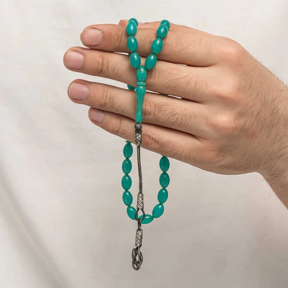 Gümüş Kazaz Püsküllü Sıkma Kehribar Tesbih ürün görseli 1