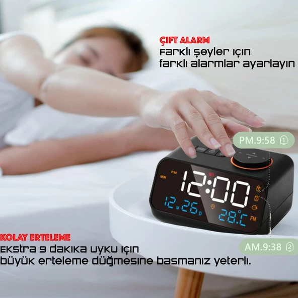 HyMark Dekoratif LED Dijital Saat FM Radyo 2 Alarm Sıcaklık ve Nem Göstergeli Şarjlı Pilli Saat - 5