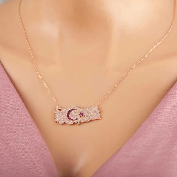 BlackCraft 925 Ayar Gümüş Rose Ay Yıldız Türkiye Haritası Kadın Kolye (BC-3342C5) ürün görseli 1