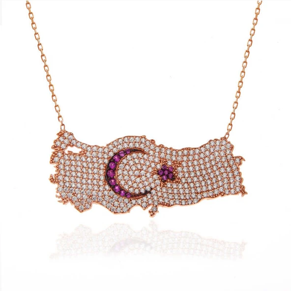 BlackCraft 925 Ayar Gümüş Rose Ay Yıldız Türkiye Haritası Kadın Kolye (BC-3342C5) - Resim 3